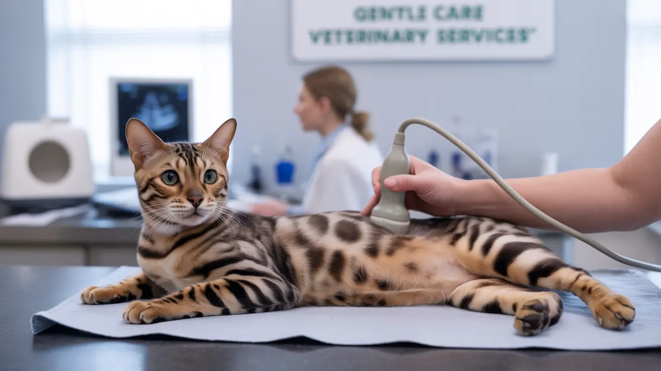 A Bengal cat receiving an ultrasound examination at a veterinary clinic