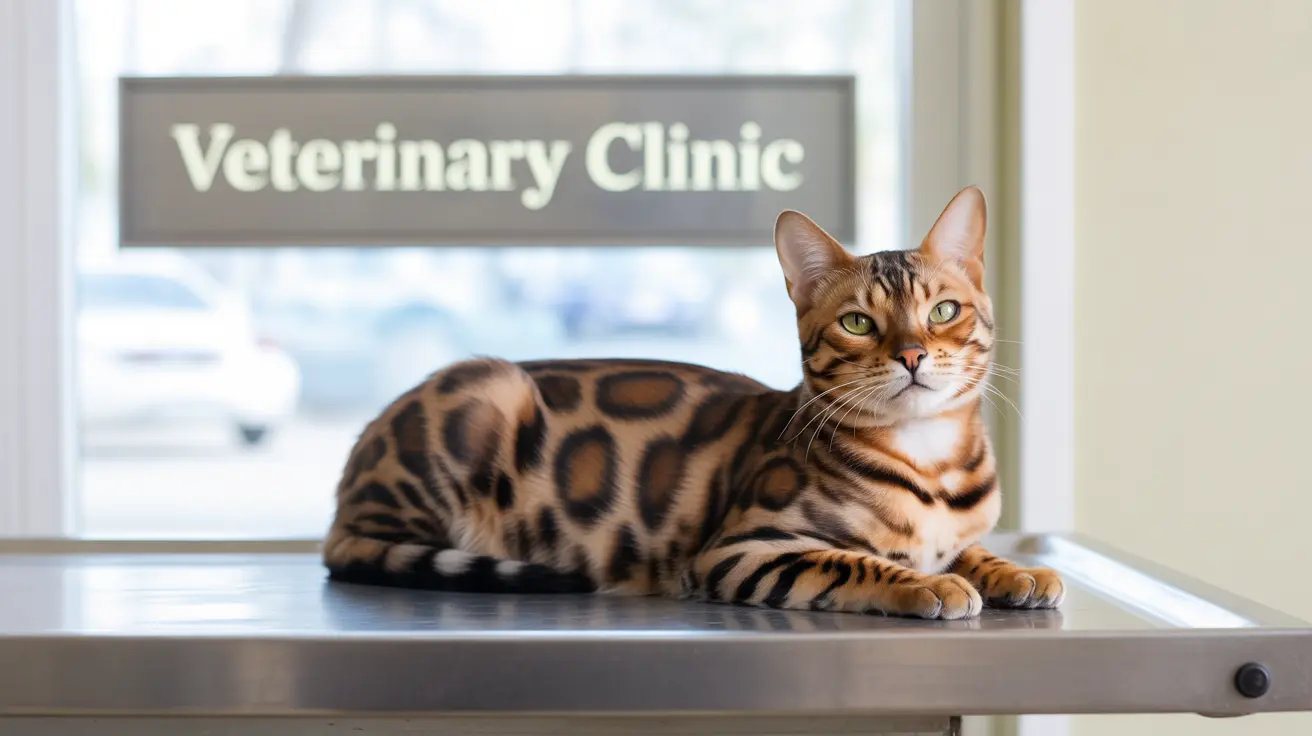 A Bengal cat sitting calmly on an examination table in a veterinary clinic