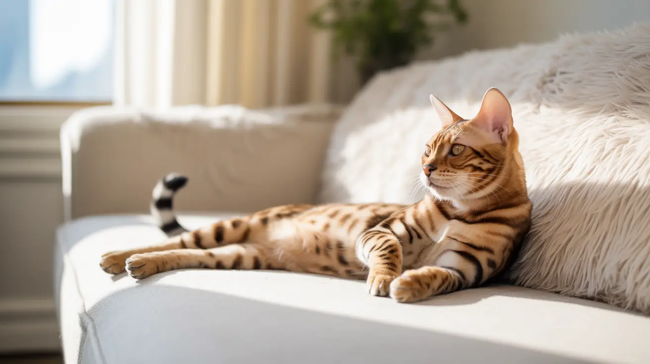 A Bengal cat lounging elegantly on a white couch in a bright, soft-lit interior space