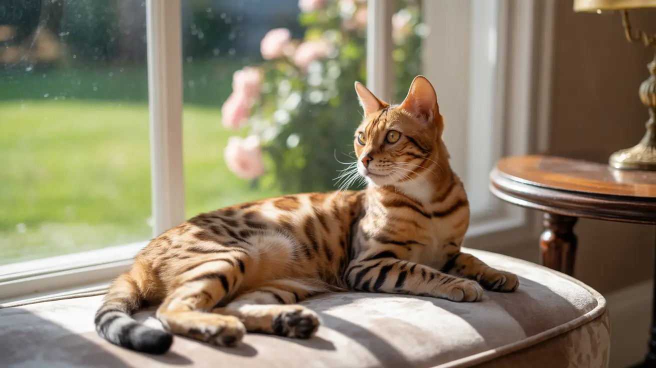ベンガル猫が柔らかいクッションシートの上でエレガントにくつろぎ、窓辺に座っている。柔らかな自然光が差し込み、背景に花が見える様子。