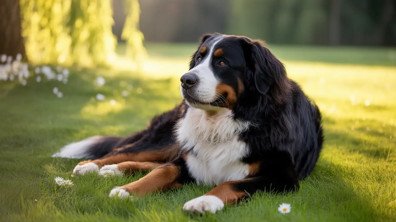 A Bernese Mountain Dog resting peacefully on a lush green lawn with small white flowers
