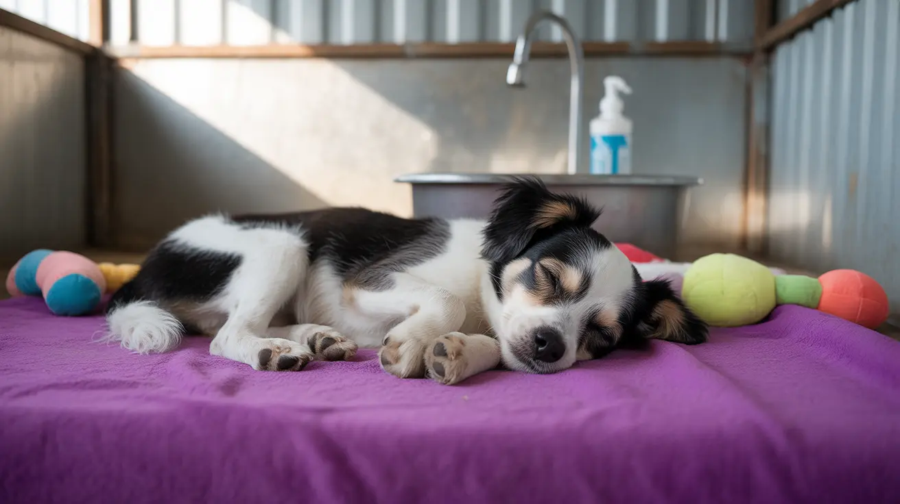 色とりどりのおもちゃに囲まれた紫の毛布の上で、黒・白・茶色の模様がある若い子犬が穏やかに眠っている様子。獣医またはグルーミング施設の環境がうかがえる。
