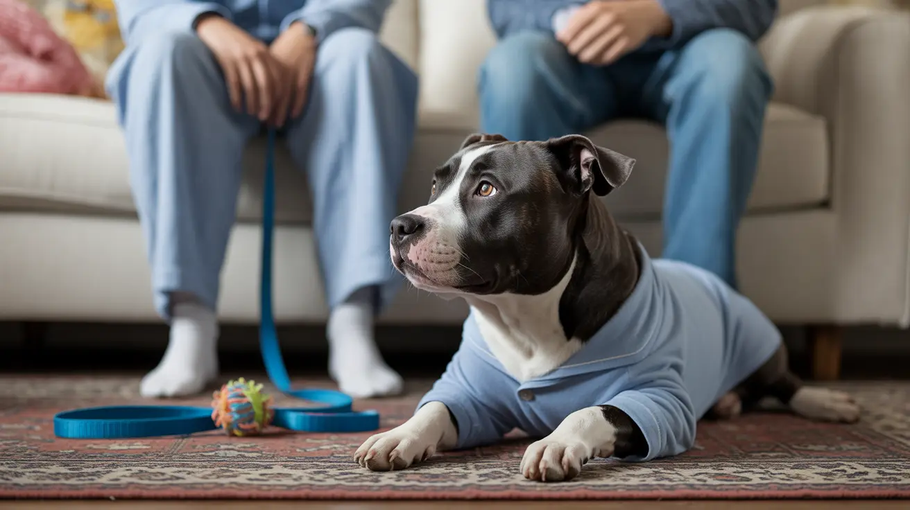 水色のシャツを着た黒と白のピットブル・テリアが柄のあるラグの上で横たわり、背景にはソファに座る二人の人がいるリビングルームの様子