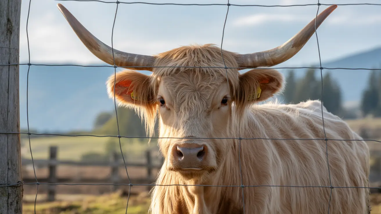 特徴的な長い角とふさふさした黄金茶色の毛皮を持つハイランド牛が、ワイヤーフェンスの後ろに立っている。