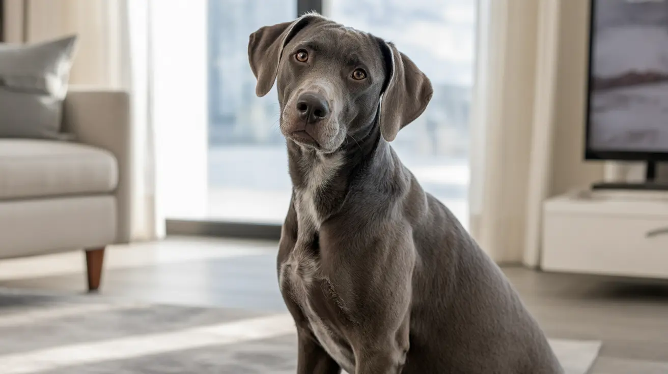 Un perro Weimaraner gris sentado atentamente en una sala de estar moderna y luminosa con luz natural que entra a través de grandes ventanas.