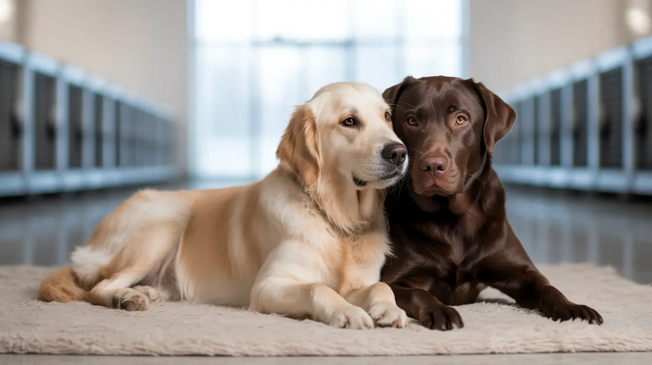 Two bonded pets cuddling together at an animal shelter