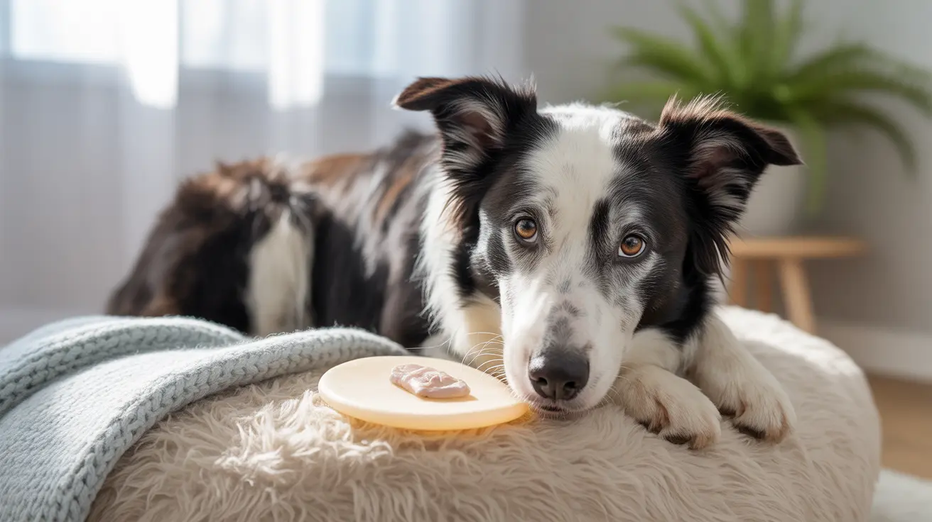 A black and white Border Collie resting on a soft, furry dog bed with a wooden plate of food nearby.