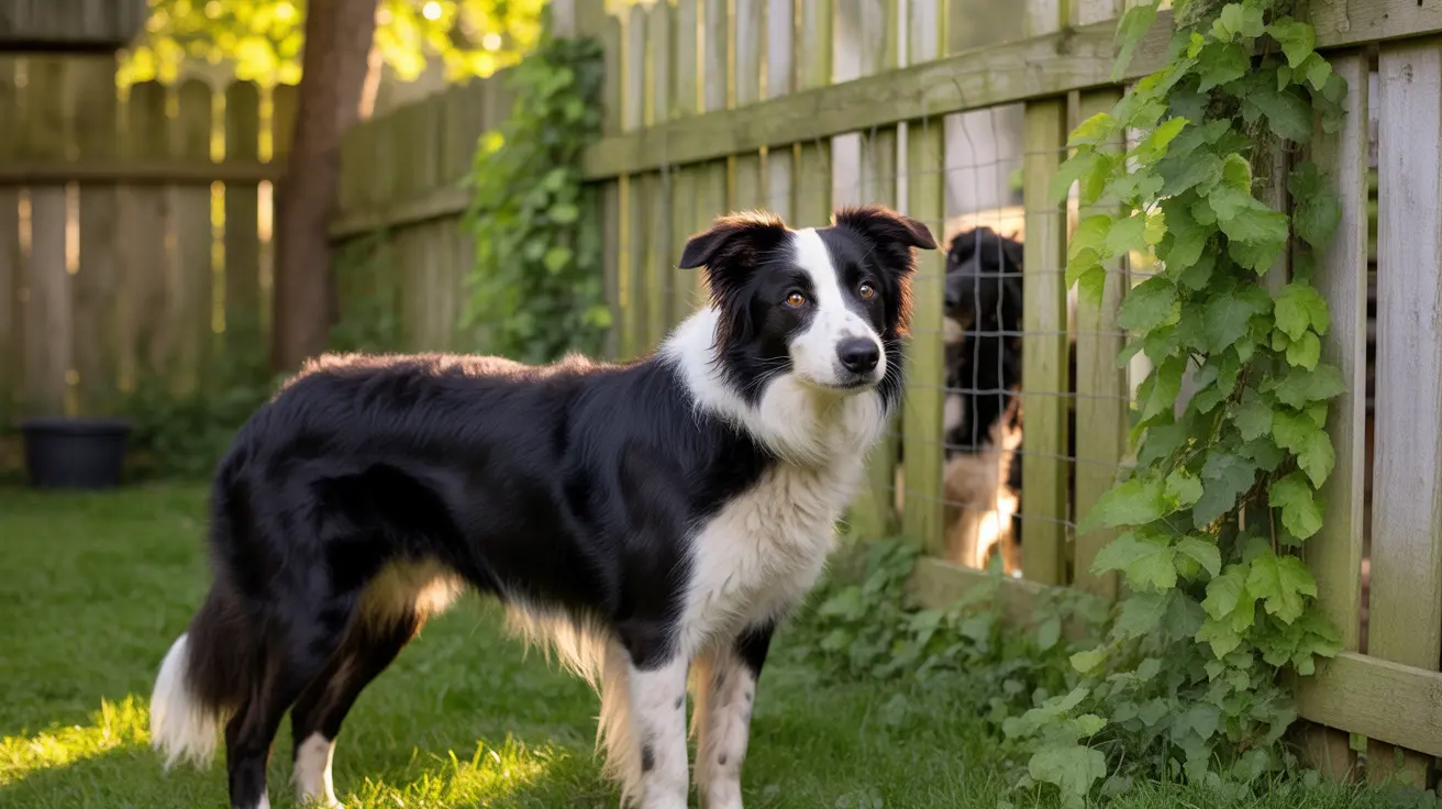 日差しが差し込む裏庭で、木製フェンスに囲まれた場所に黒と白のボーダー・コリーが警戒心を持って立っている様子