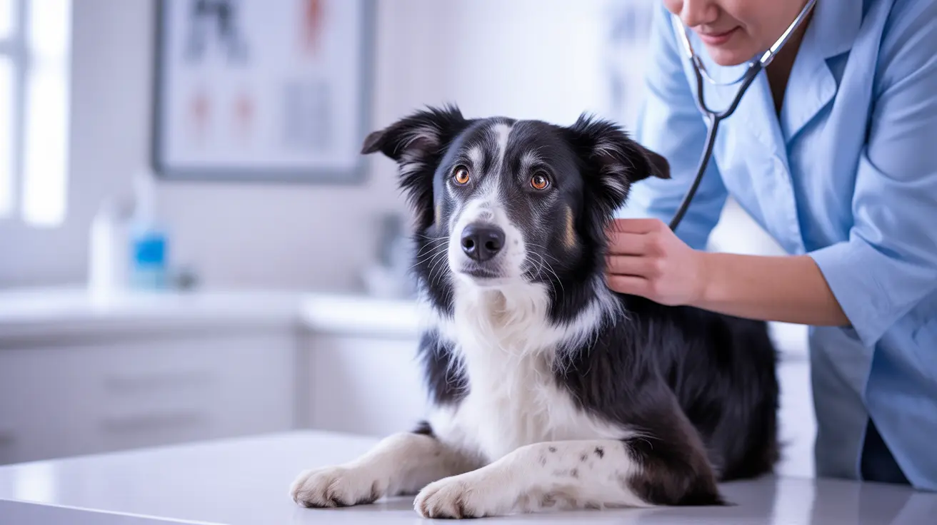 A black and white Border Collie receiving a veterinary examination with a stethoscope