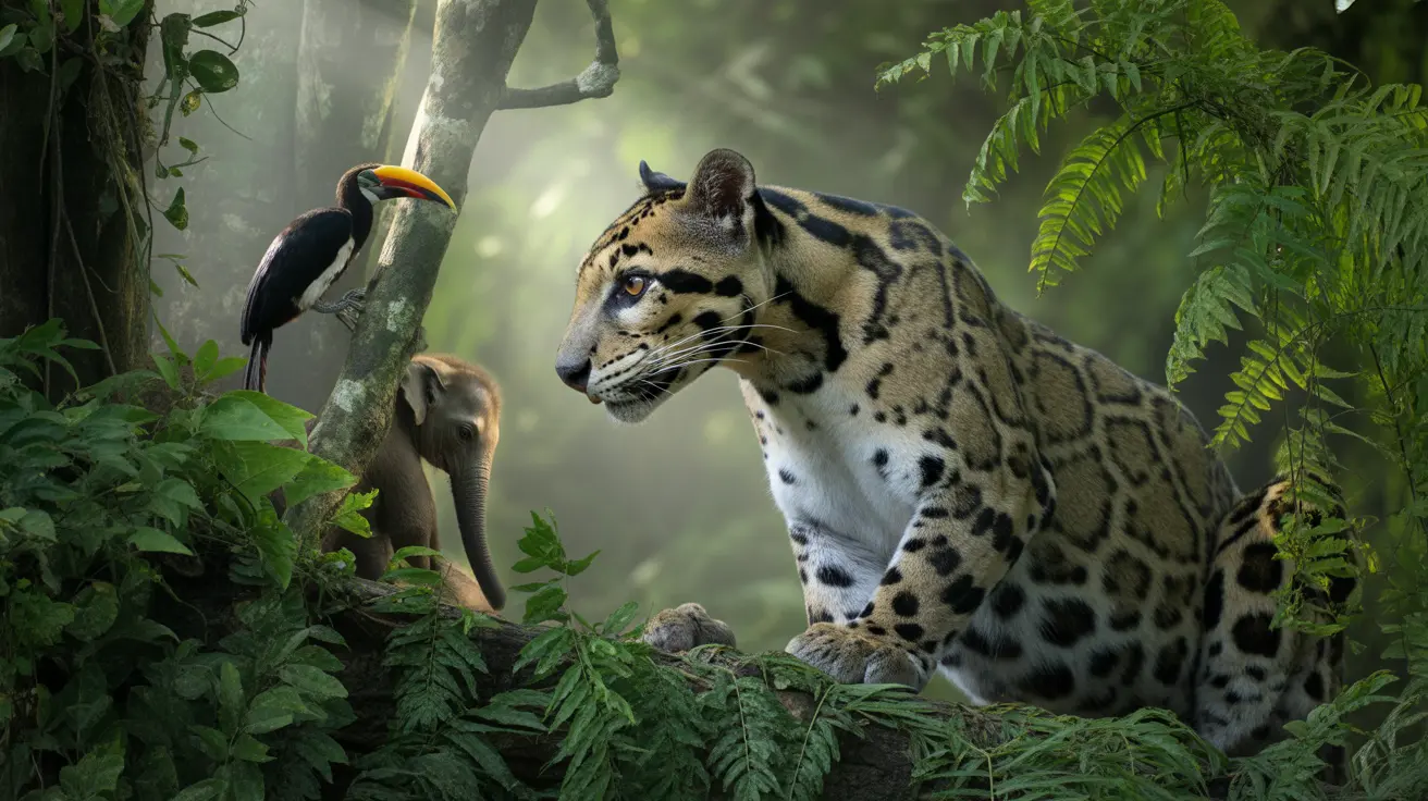 A Bornean clouded leopard captured by a remote camera trap in lush rainforest foliage