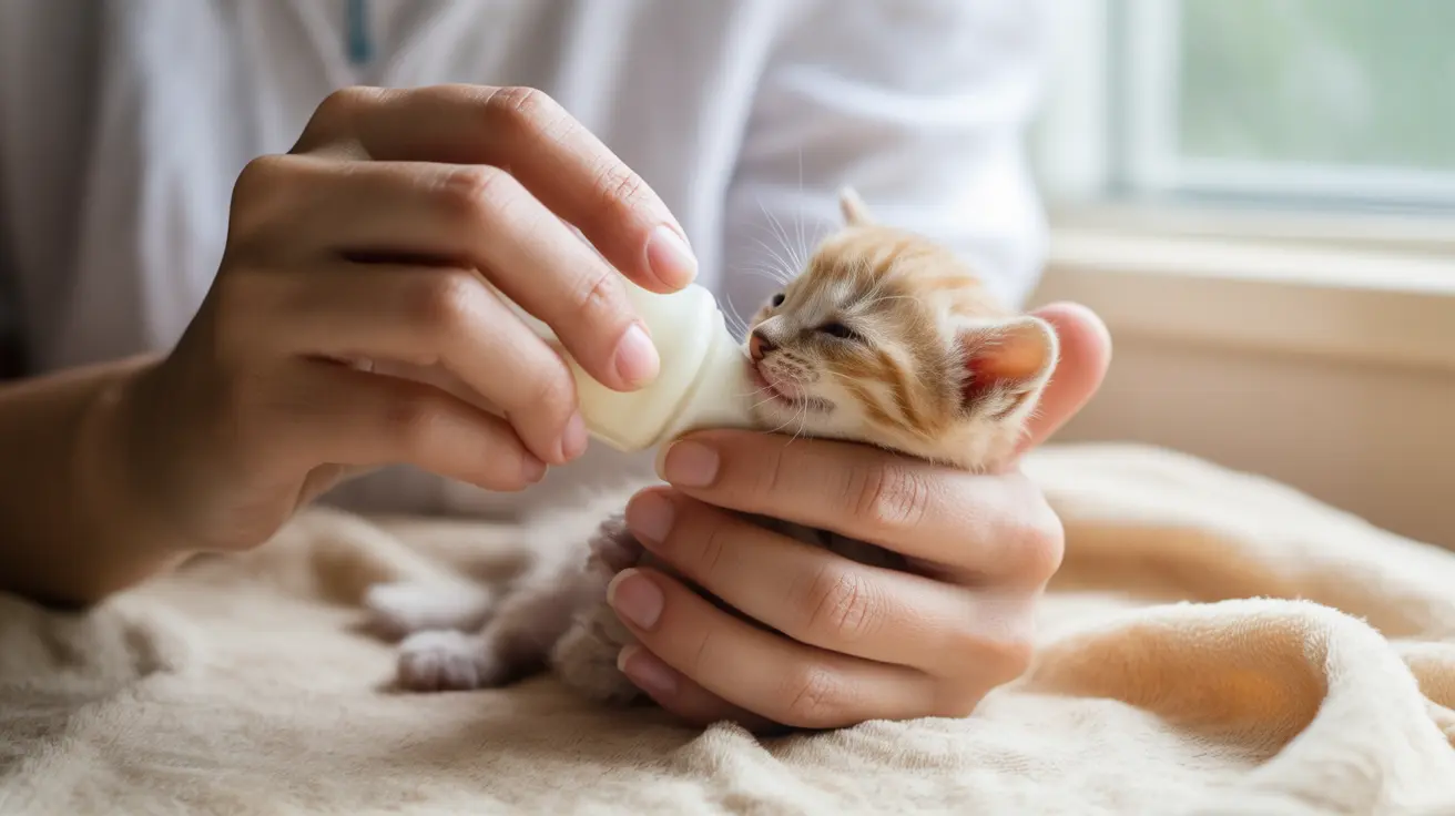 Una persona con camiseta blanca alimenta con biberón a un gatito naranja y blanco muy joven, sostenido cuidadosamente con las manos en forma de taza.