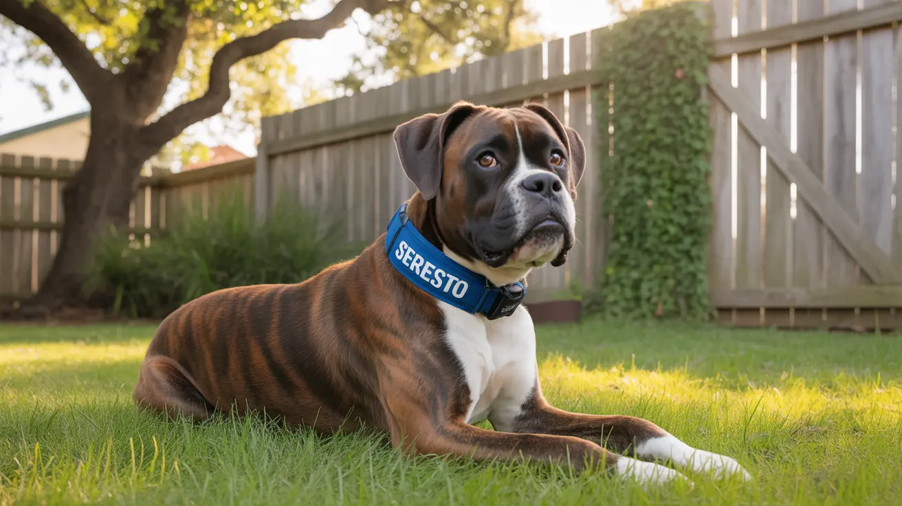 A muscular Boxer dog wearing a blue collar sits attentively on green grass in a backyard setting