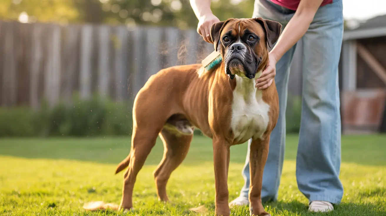 A Boxer dog being brushed outdoors in a backyard with sunlight filtering through