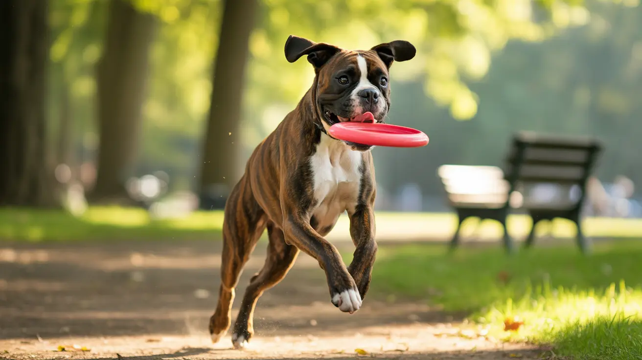 A Boxer dog mid-leap, catching a red frisbee in a sunny park