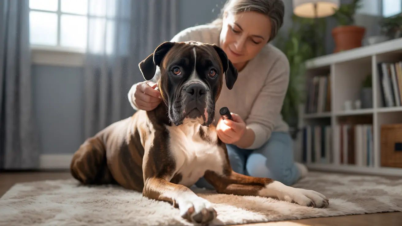 ボクサー犬が柔らかなラグの上で休みながら、思いやりのある飼い主に健康チェックを優しく受けている様子