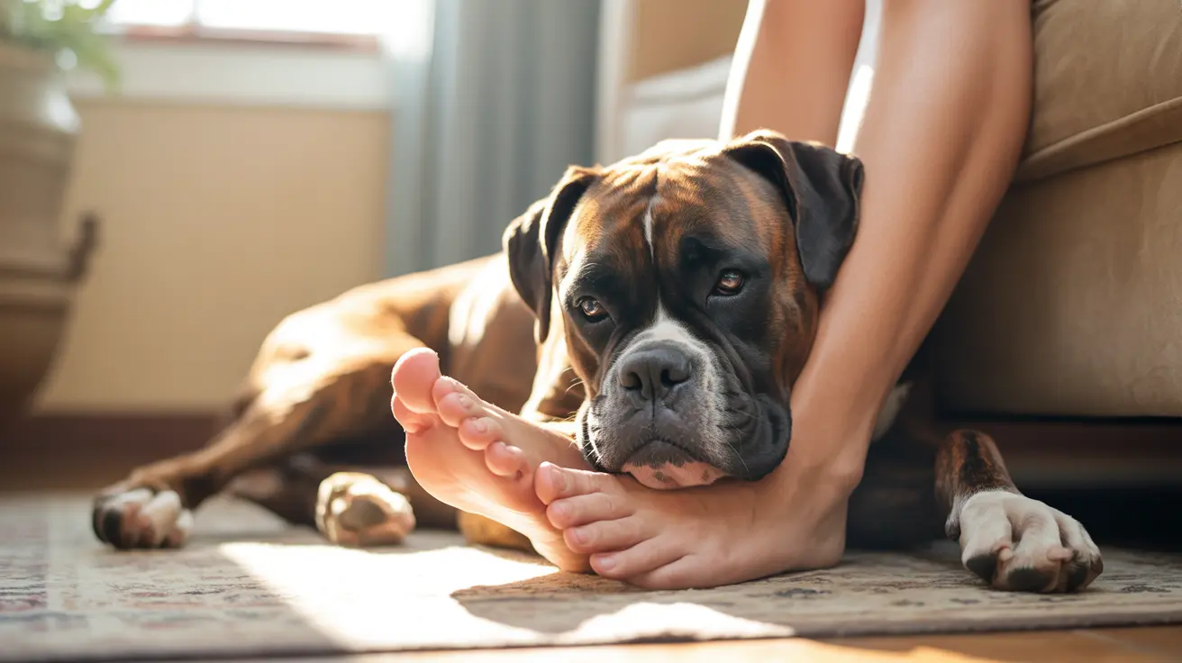 A Boxer dog resting intimately close to a human's feet on a patterned rug near a couch