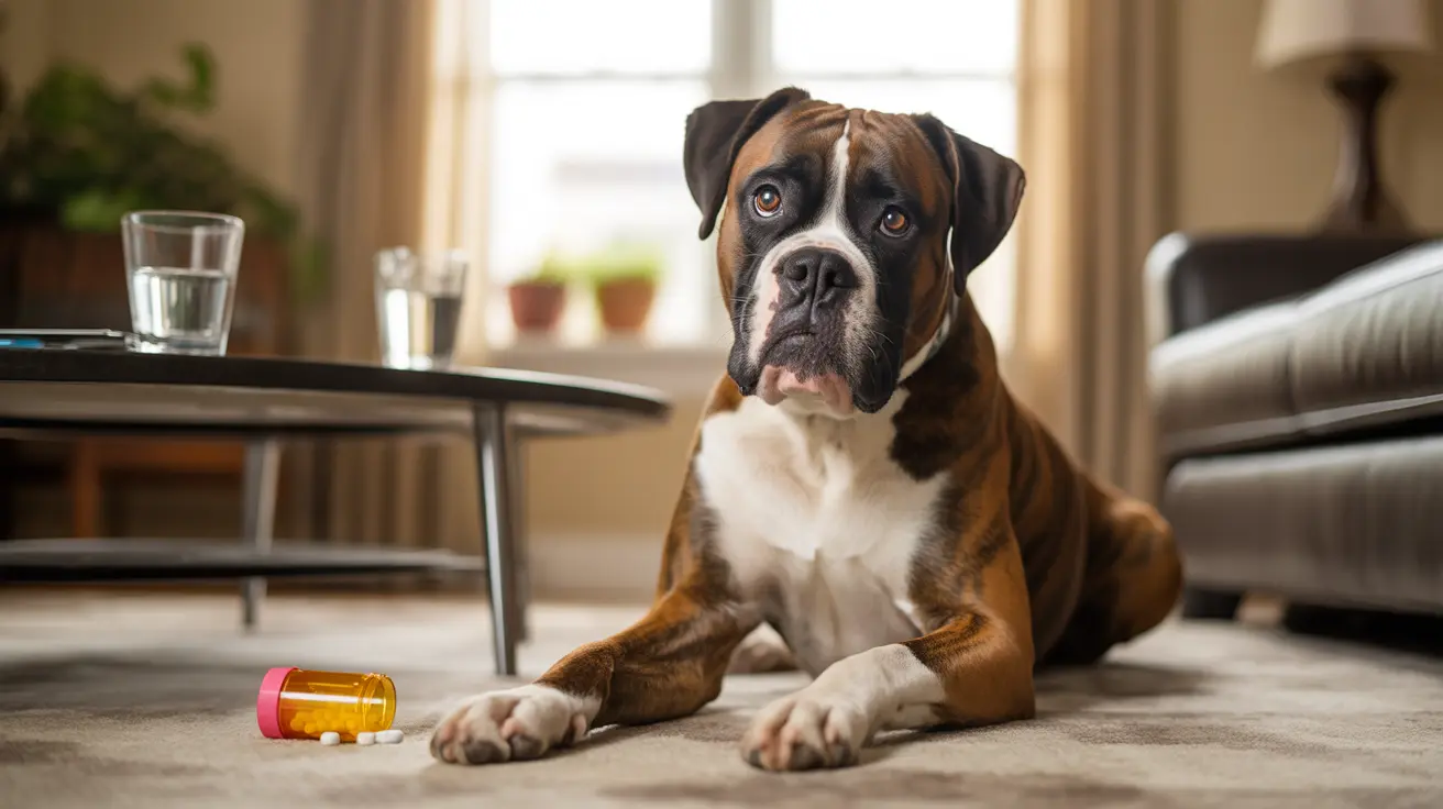 Un bóxer pensativo sentado en una alfombra junto a un frasco de medicamento volcado