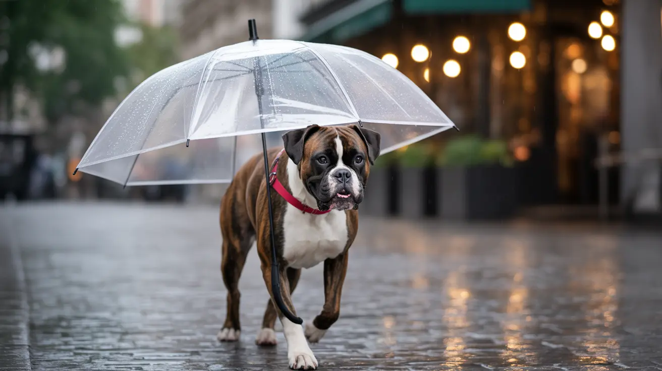 A Boxer dog walking on a rainy street while sheltered under a clear umbrella.