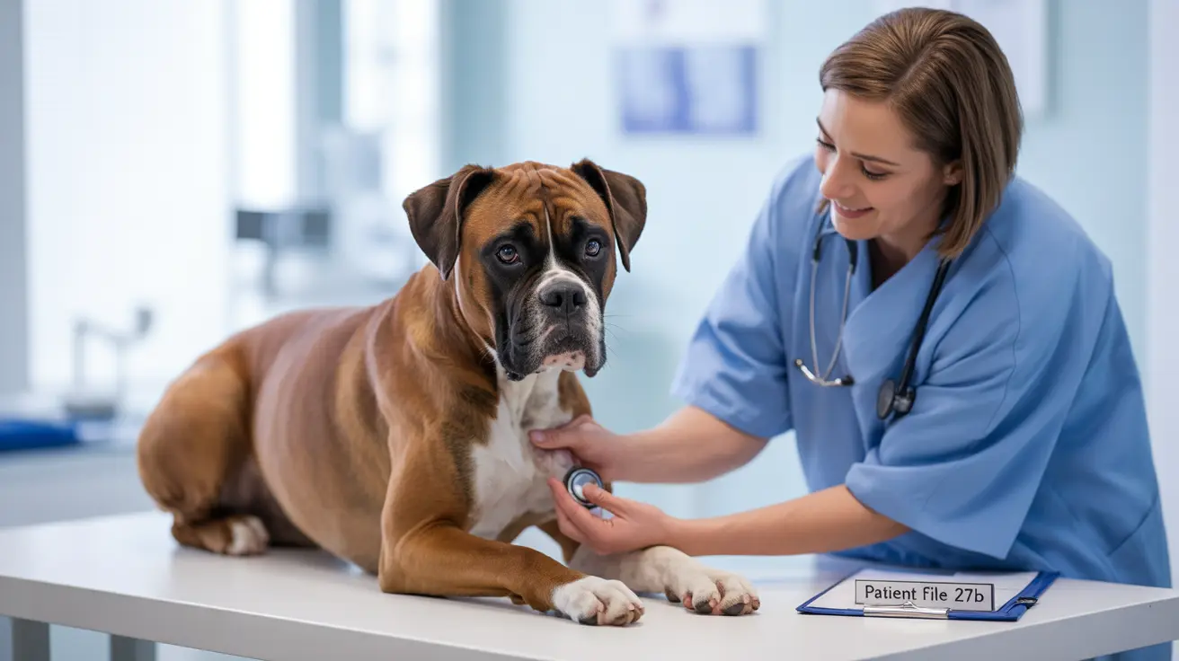 Un perro Boxer siendo examinado por un veterinario profesional en una clínica.