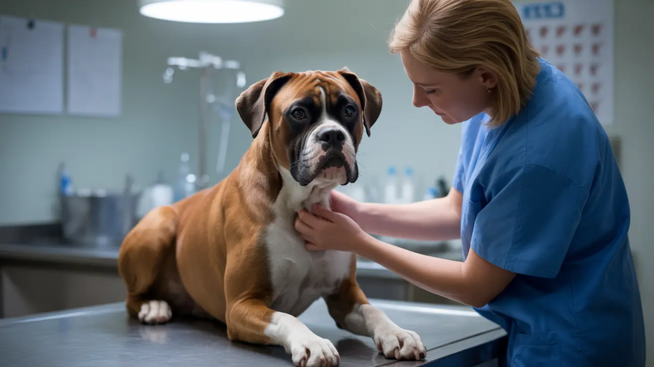 A Boxer dog receiving a medical examination in a veterinary clinic