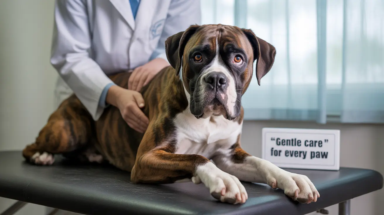 Boxer dog on examination table at veterinary clinic with vet nearby