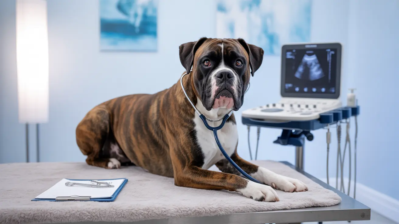 獣医クリニックの診察台の上に座り、首に聴診器をかけているボクサー犬