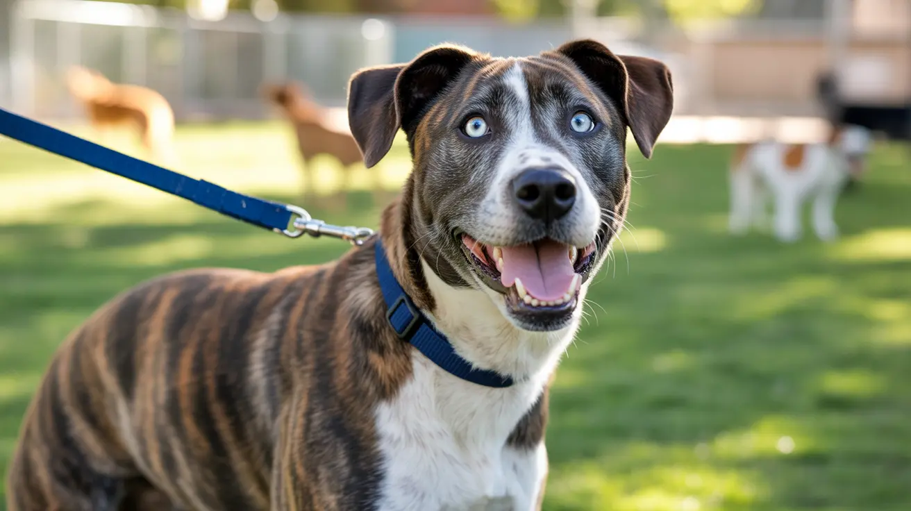 Un chien de race mixte heureux avec des yeux bleus saisissants et un pelage bringé portant un collier et une laisse bleus dans un parc ensoleillé