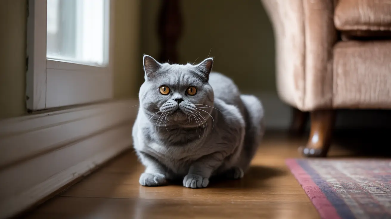 A gray British Shorthair cat sitting attentively on a wooden floor near a window and a piece of furniture.