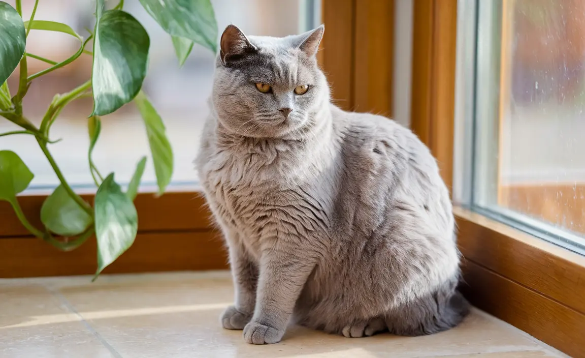 A British Shorthair with a distinguishing ear tip sits serenely on a sun-drenched windowsill, its plush gray fur glistening in the morning light.