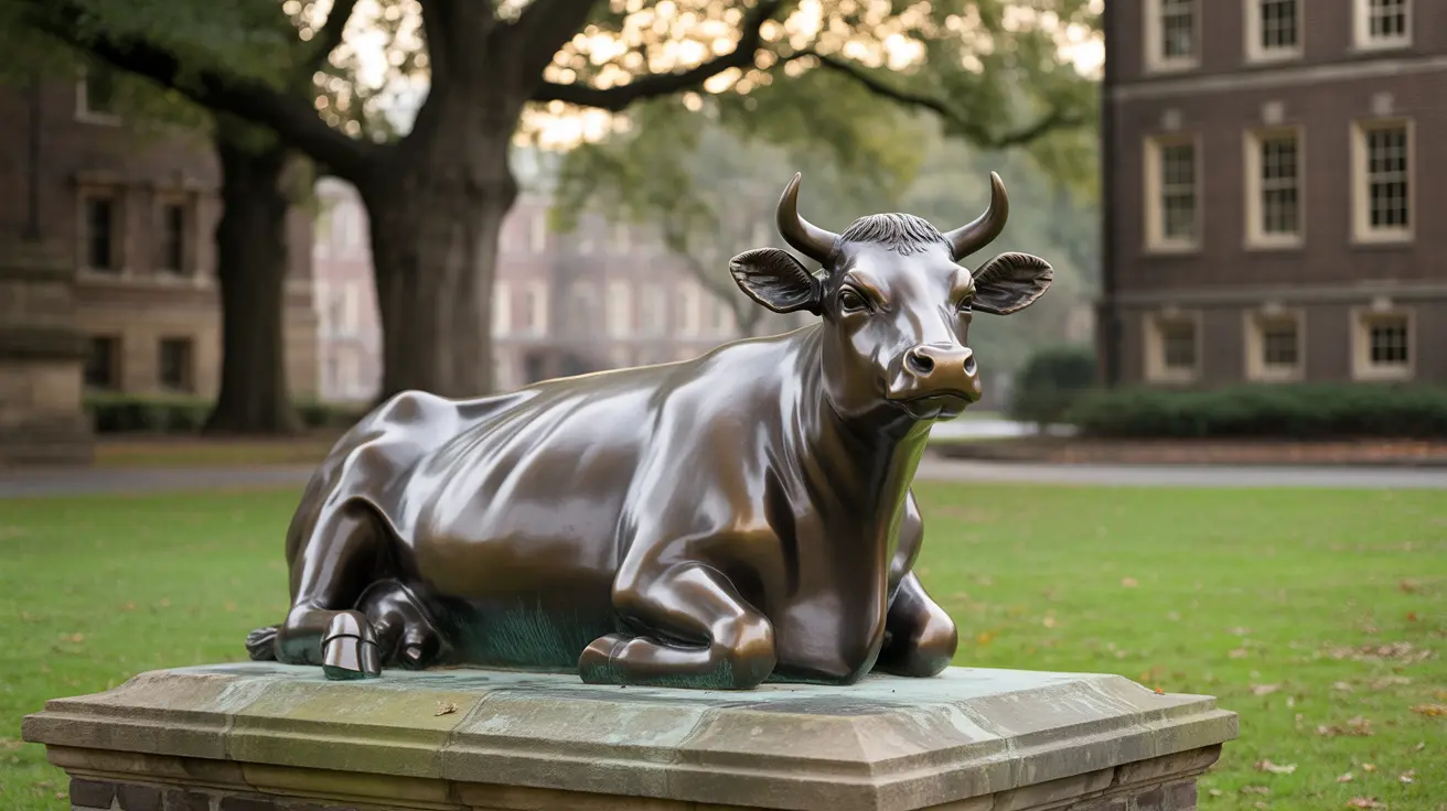 大学のキャンパス中庭の石の台座の上に置かれた横たわる牛のブロンズ像