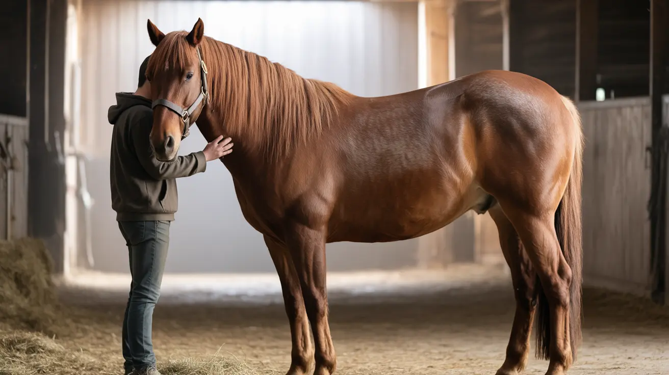 Veterinarian examining a large horse in a rural farm setting
