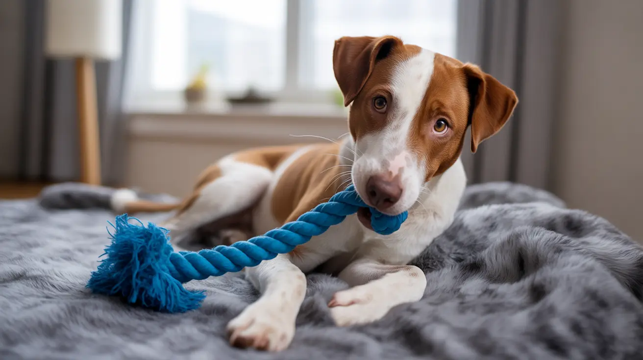 Un Jack Russell Terrier brun et blanc allongé sur une couverture grise avec un jouet en corde bleu dans la bouche.