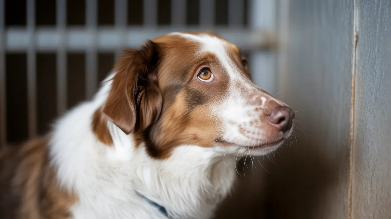 Um Pastor Australiano com marcas marrons e brancas sentado atentamente e olhando para o lado com olhos âmbar brilhantes.