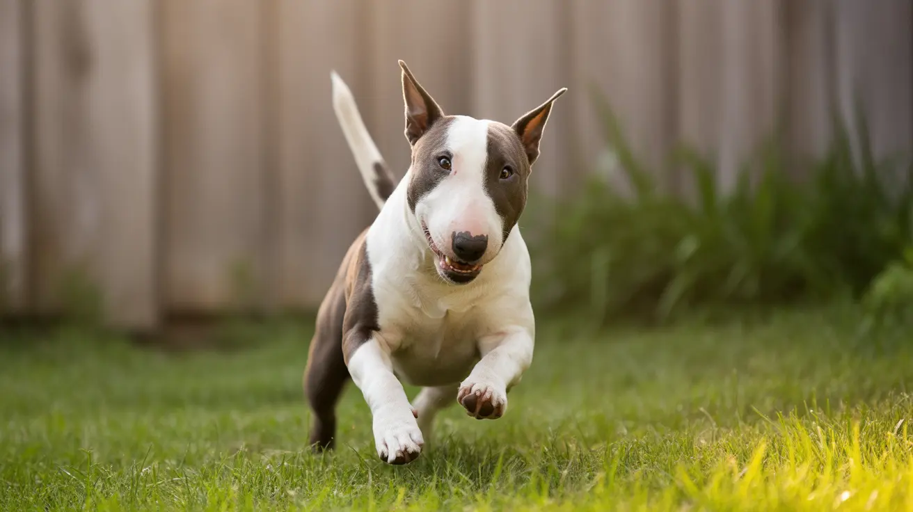 A white and gray Bull Terrier running energetically across a grassy yard