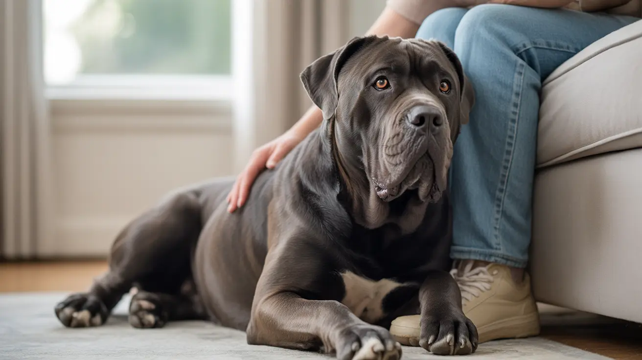 A large gray Cane Corso dog lying calmly on a carpet next to a sofa, with a person's leg partially visible