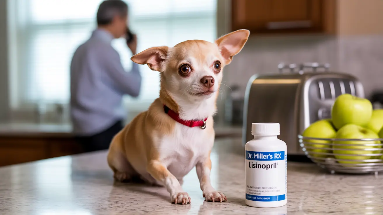 キッチンの環境で、リシノプリルの薬のボトルの隣に警戒して座っている小さな茶色と白のチワワ