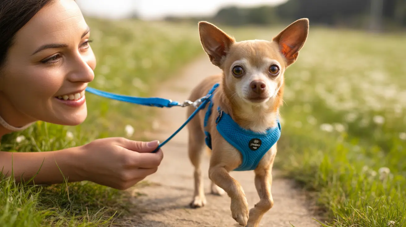 青いハーネスを着けた小さなチワワが、笑顔の同伴者にリードで散歩されている様子