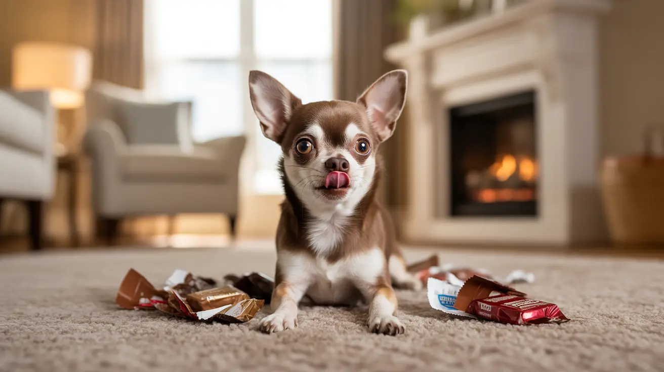 A small Chihuahua on a carpet with unwrapped chocolate bars looking mischievous