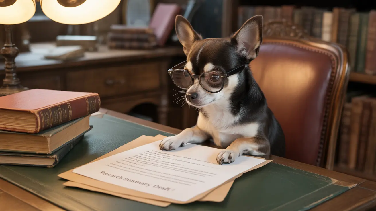 A scholarly Chihuahua wearing glasses at a desk reviewing a research document
