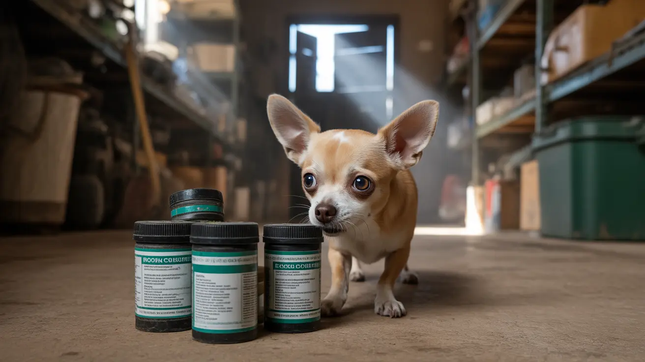 A small tan and white Chihuahua beside medication bottles in a dimly lit space