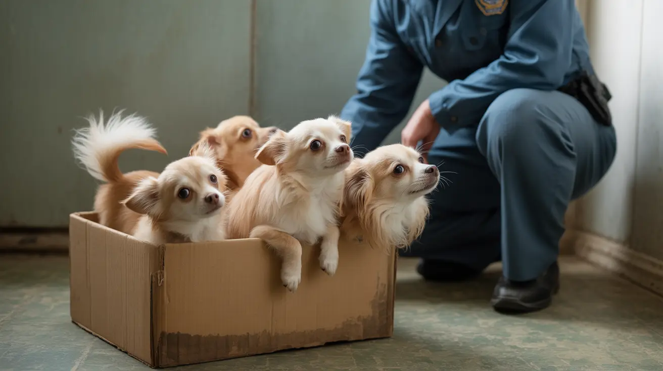 Cuatro cachorros pequeños de Chihuahua sentados juntos en una caja de cartón mientras una persona con uniforme azul está arrodillada cerca