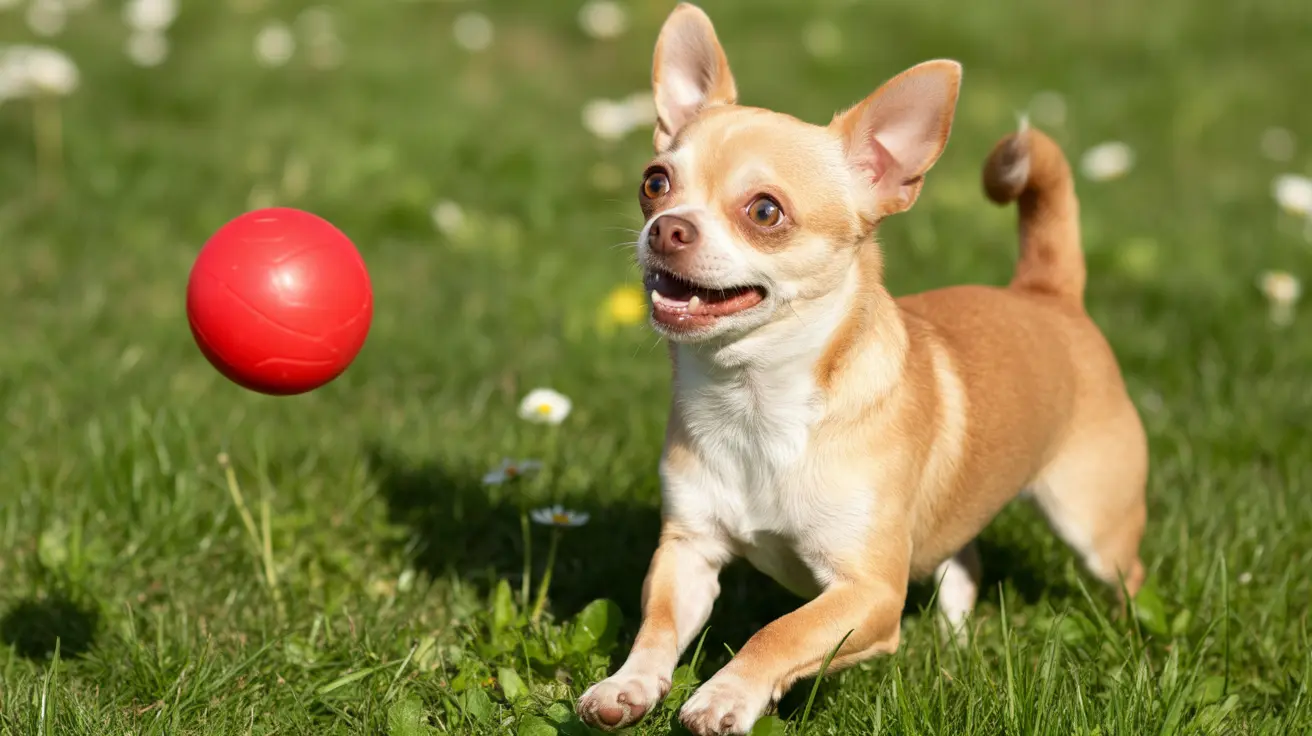 Tan and white Chihuahua playing with a bright red ball in a grassy field with daisies