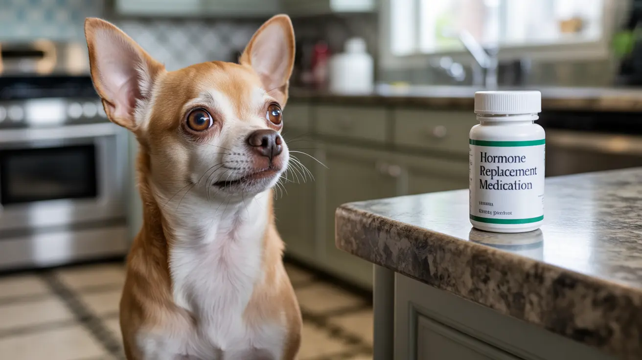 黄褐色と白色のチワワがホルモン補充薬のボトルの隣で警戒した様子でキッチンに座っている