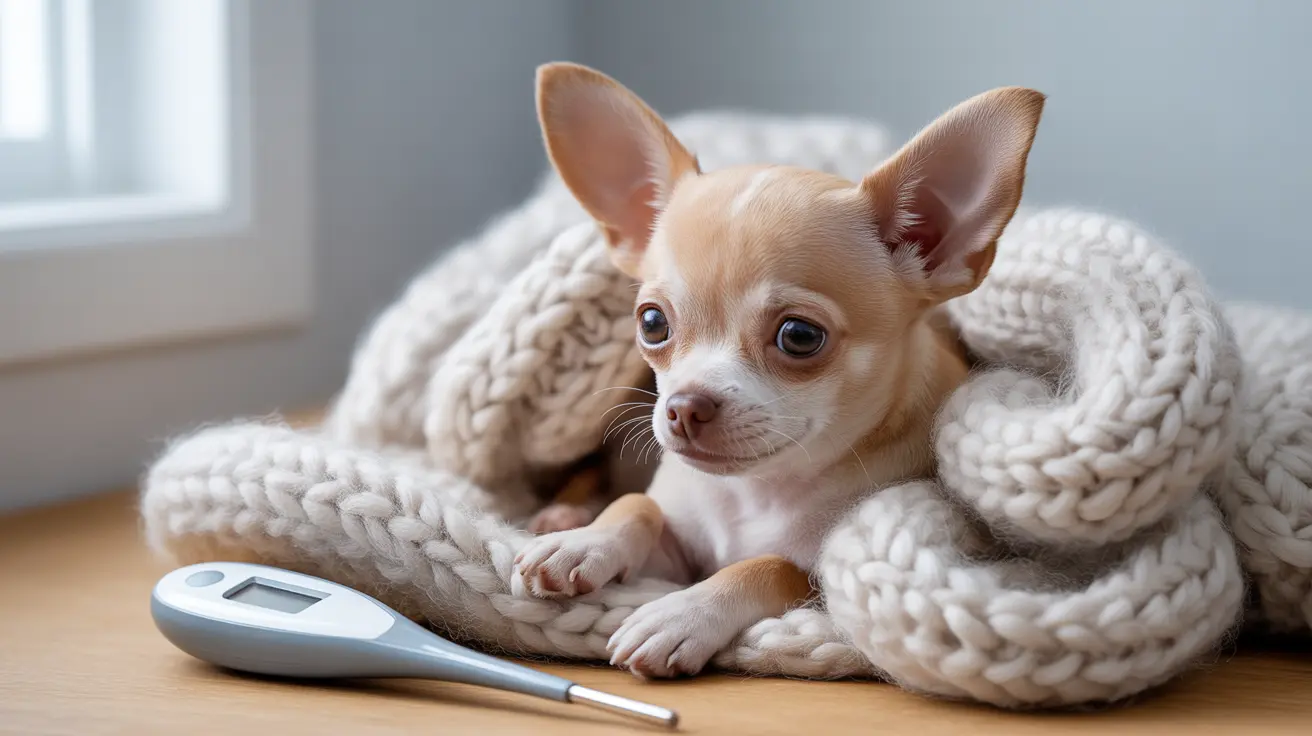 Un petit chiot Chihuahua fauve et blanc enveloppé dans une épaisse couverture tricotée blanche à côté d'un thermomètre numérique.