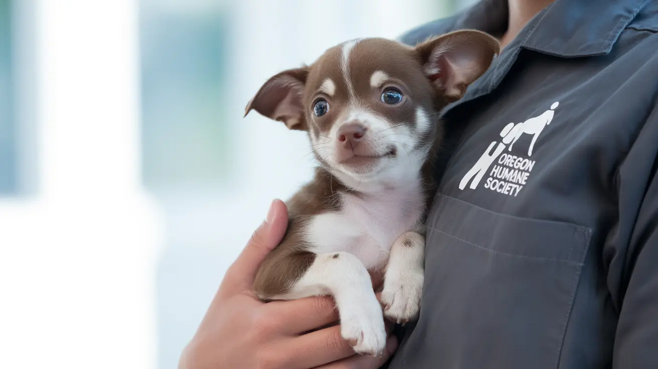 Un pequeño cachorro de Chihuahua marrón y blanco siendo sostenido suavemente por una persona con uniforme de la Sociedad Humanitaria de Oregon
