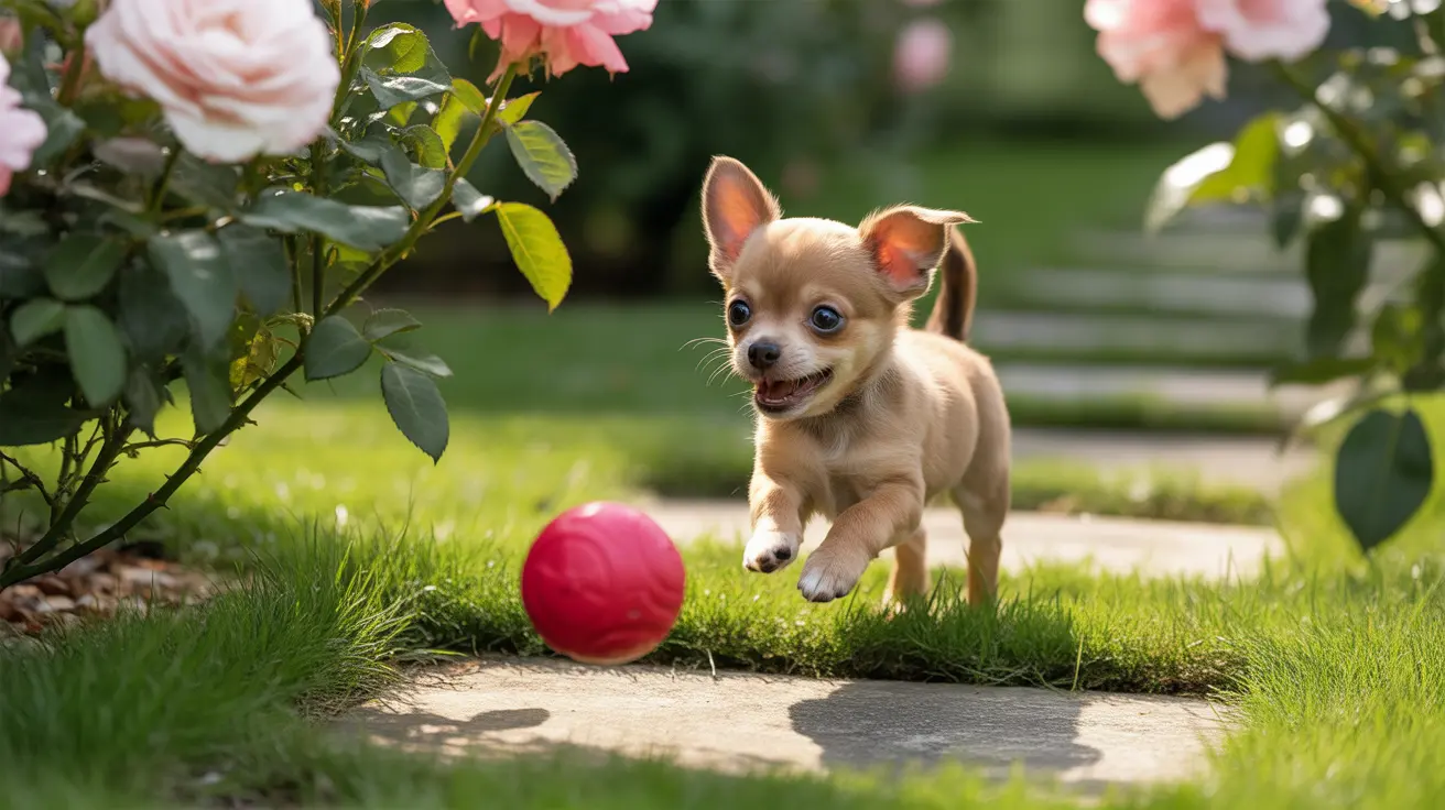 A small, playful Chihuahua puppy running towards a red ball in a rose garden