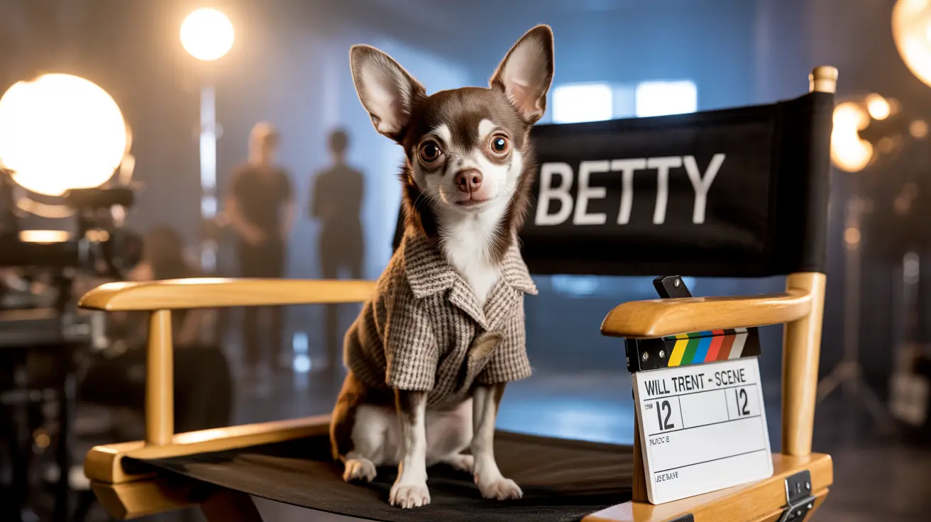 A small Chihuahua wearing a tweed coat sits on a director's chair on a film set.
