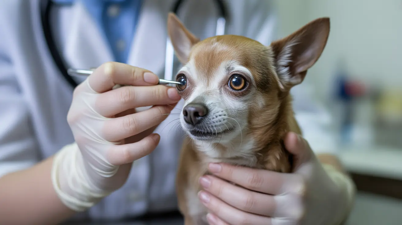 Un petit Chihuahua se fait examiner les yeux lors d'une consultation vétérinaire ophtalmologique.
