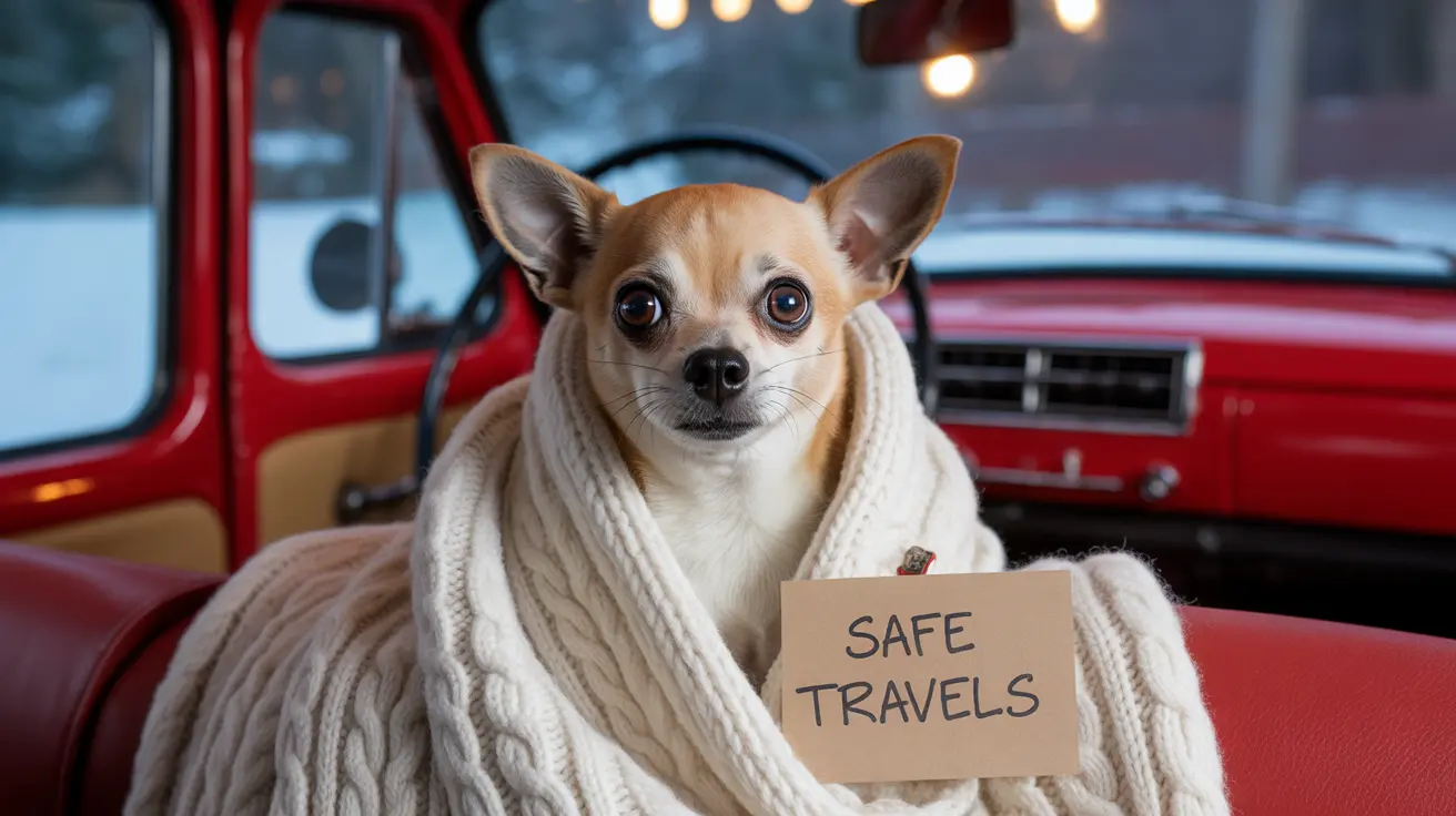 A cozy Chihuahua wrapped in a white knit blanket inside a vintage red vehicle with a 'Safe Travels' sign