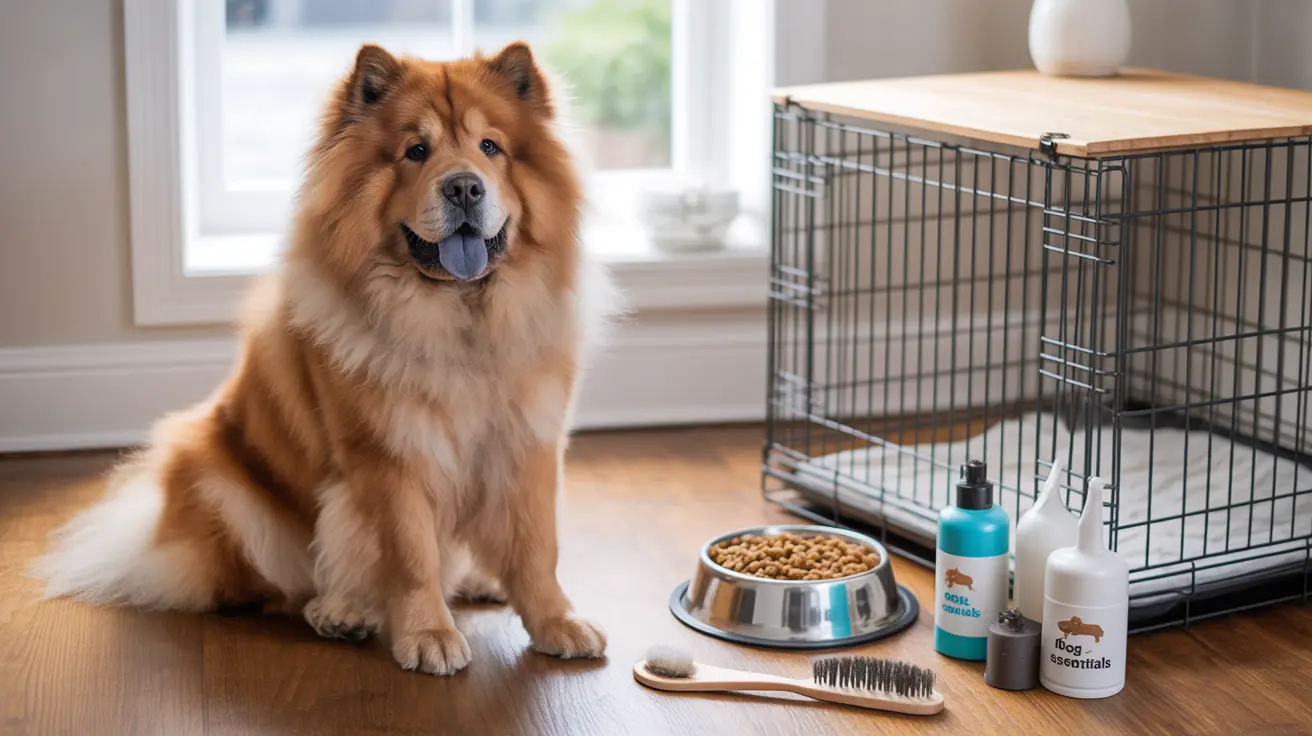 A fluffy Chow Chow sitting happily in an indoor setting with pet care supplies around